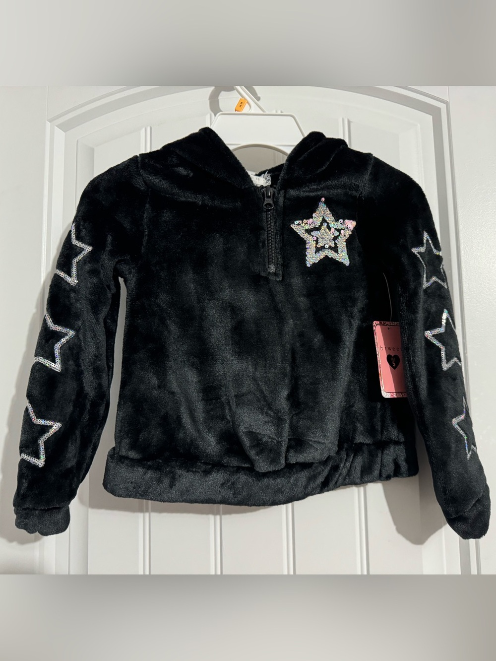 Cute Btween girls size 4 black velour hooded 1/4 zip sweatshirt sequin stars new